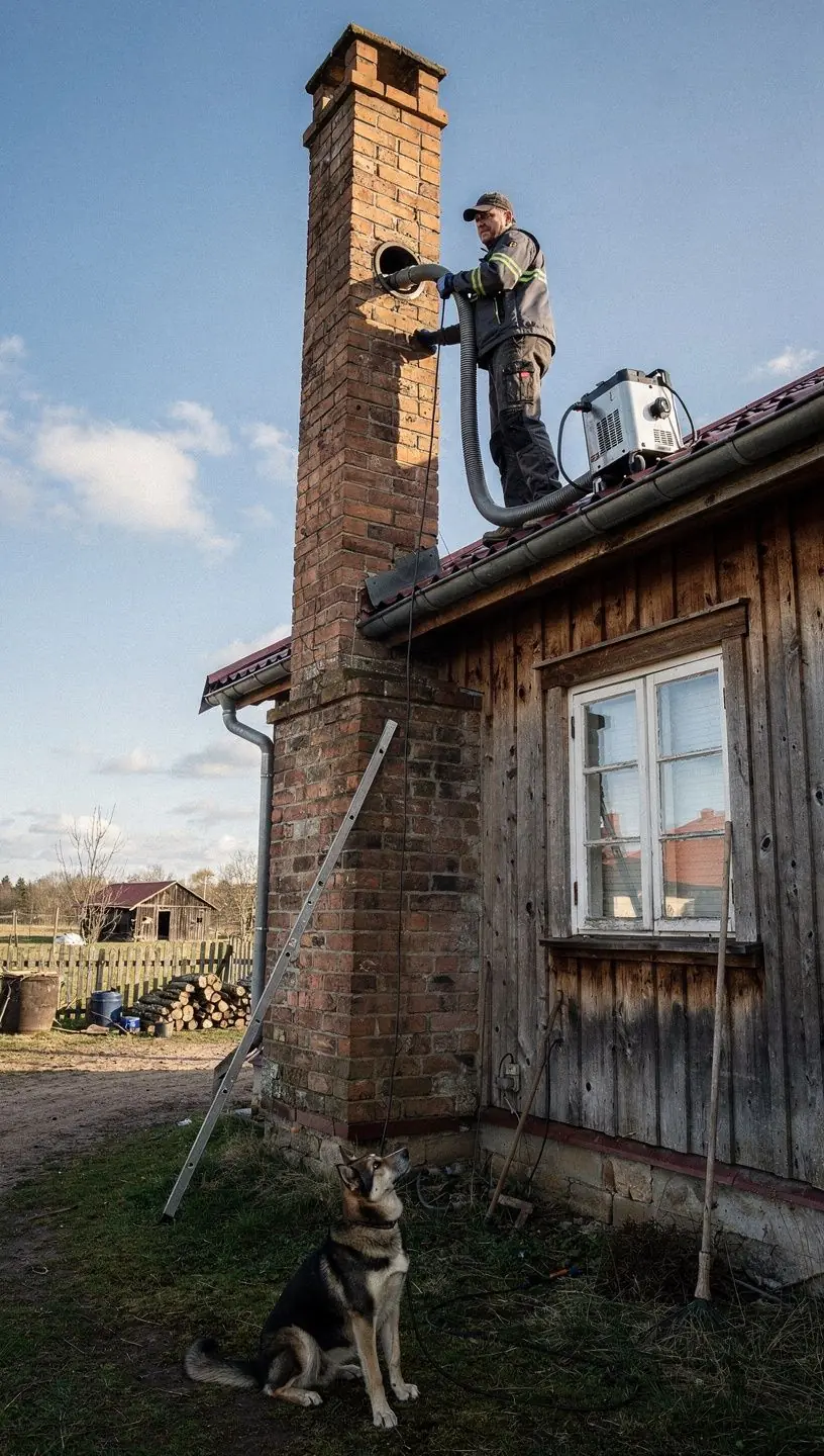 Kamīna apkalpošanas darbinieks veic skursteņa tīrīšanu ar speciālu rīku.
